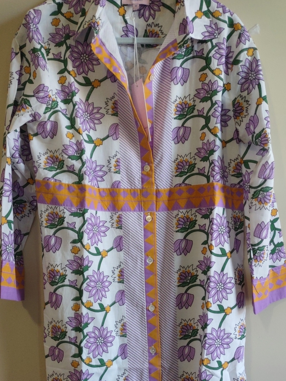 Calypso St. Barth Maxi Dress with White with Purple Floral and Yellow Accents.